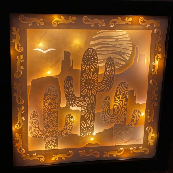 3D SVG | Southwest Wall Art Shadowbox | Saguaro Cactus Mandala Desert Design | Cactus Svg, Png, Eps, Dxf paper craft art project