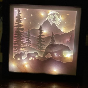 3D SVG Mama Bear Shadowbox | Bear Family with Cubs Lightbox for cricut | 3D Paper Art Mama Bear & Cubs