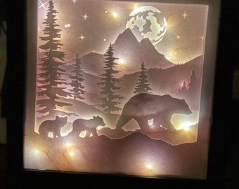 3D SVG Mama Bear Shadowbox | Bear Family with Cubs Lightbox for cricut | 3D Paper Art Mama Bear & Cubs