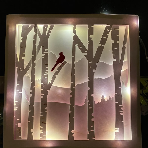 3D Cardinal Shadowbox SVG, Easy cut cardinal in birch trees perfect for light box with fairy lights, available as svg, png, eps and dxf