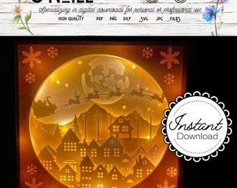 Santa Sleigh Shadowbox SVG cricut file easy lightbox beginner Christmas Holiday Decor fairy lights layered paper art digital download