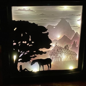 3D SVG cheval shadowbox garçon ou fille et cheval | Grange à chevaux ferme décor eps svg png dxf téléchargement numérique lightbox parfait pour cricut