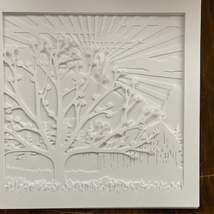 3D SVG Paper Art | Farm 3D Shadowbox SVG 3D Shadow Box | Cricut Shadow box | Layered Paper Art Dogwood Tree in Meadow with Barn Spring Wall