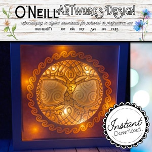 May include: A digital download of a tree of life design with a circle of waves around it. The design is in a light brown color and is illuminated with lights. The design is in a square frame with a blue border. The text "Instant Download" is in a circle with a black border.