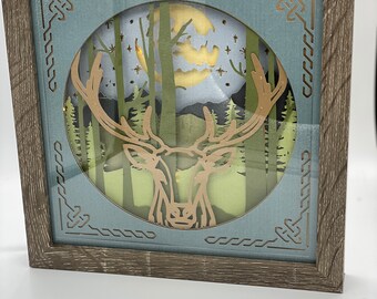 Lightbox 3D SVG Paper Art Project Shadowbox Wilderness Stag deer Celtic Border Gift for Him, Father, DIY Rustic Decor