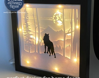 3D Wolf Lightbox SVG Layered Paper Art Shadowbox Wilderness Wolves Moonlight Craft jpg pdf eps dxf Cricut or hand cut