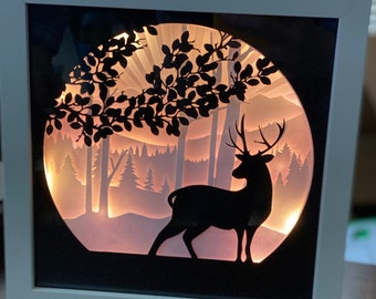3D SVG Stag Wilderness Shadowbox, Resizable square cut to your frame lightbox mystical stag, easy cut cricut digital download png, eps dxf