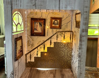 Book Nook DIY Miniature for Cricut, Cardstock Lantern with staircase and fairylight access, SVG Paper Art