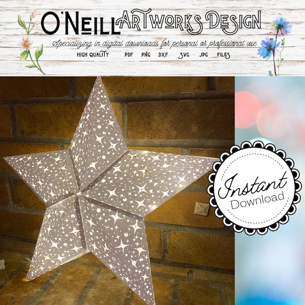 Vintage 3D Patrón Celestial Estrella Luminaria SVG Papel Colgante Iluminación Papel Arte Cricut Diseño Archivos ornamento redimensionable o caja de luz