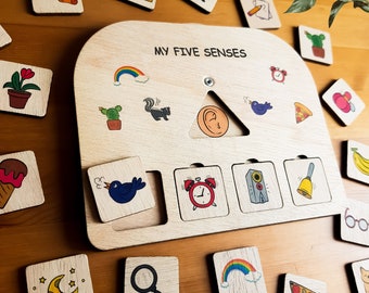 Toddler busy board, My Five Senses wooden handmade toy, preschool board toy, educational games, montessori materials