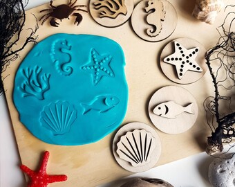 Estampadores de masa Ocean Montessori Juguetes de desarrollo para niños pequeños, Juego educativo hecho a mano de madera de masa, juguetes para bebés, Montessori preescolar