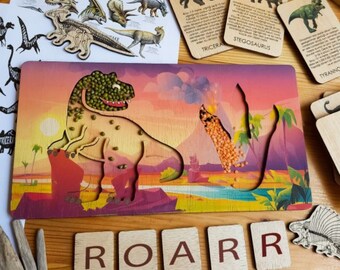 Sensory Board Game (Tyrannosaurus) | Wooden dinosaur toy | 1 2 3 4 5 Year Old | Little boy & girl present | montessori waldorf