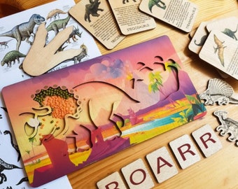 Sensory Board Game (Triceratops) | Wooden dinosaur toy | Sensory montessori | Puzzle with Animals | toddler busy board