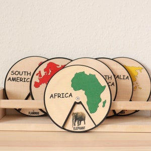 Montessori Educational Continents And Animals Set Seven Pieces | Animal Cycle toy | Unique toddler toys | Solid wood toy