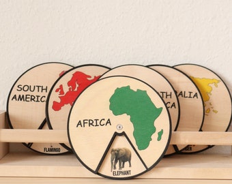 Montessori Educational Continents And Animals Set Seven Pieces | Animal Cycle toy | Unique toddler toys | Solid wood toy