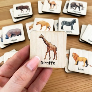 Jeu de mémoire Safari, jeu de mémoire en bois Montessori, jardin d’enfants Homeschool, activité préscolaire pour les tout-petits, jouets éducatifs, cartes assorties