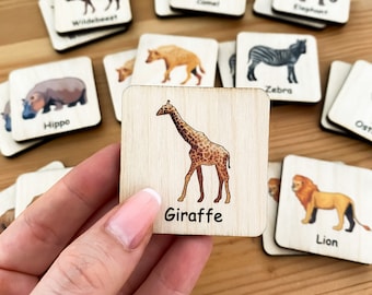 Safari memory game, Montessori wooden memory game, Homeschool kindergarten, preschool toddler activity, educational toys, matching cards