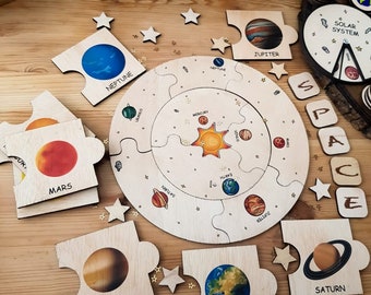 Toddler space toy, Space Puzzle Solar System, Educational puzzle, wooden stacking toy, baby wooden puzzle