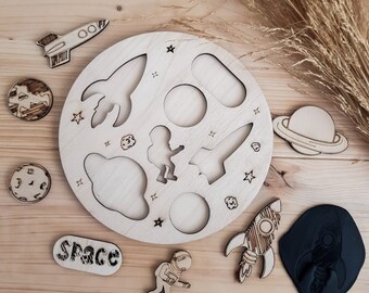 Space Puzzle | Space baby puzzle | Wooden space puzzle | Astronaut kid toy | Toddler busy board | Baby wooden puzzle | Montessori baby toys