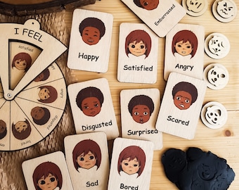 Wooden card games, Feelings Cards, Emotion cards, Card games for toddlers, montessori preschool, handmade wood toys