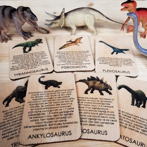 Cartões de dinossauros de madeira, jogo de cartas escrito, jogos de cartas de madeira, 1 2 3 4 5 anos de idade, conjunto de animais de madeira, brinquedos de animais waldorf