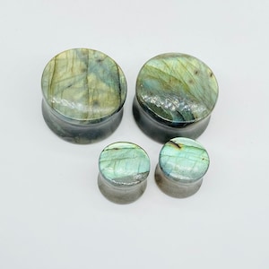 Op de afbeelding: Set van vier ronde, groene en blauwe labradorite stenen oorpluggen. De oorpluggen zijn in verschillende maten.