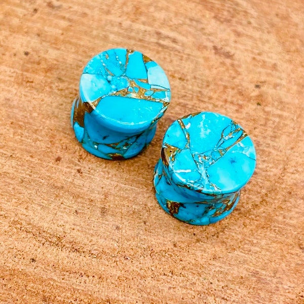 Natural Copper Turquoise Stone Plugs Gauges, Earplugs Handmade PAIR Size :-(8g) 3mm to 25mm and More Customise for yourself.