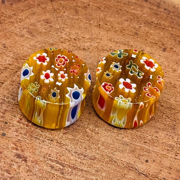 Yellow Millefiori Glass Plugs Plugs Gauges, Earplugs, Handmade Quality Finished PAIR Size :-(8g) 3mm to More Customise Yourself.