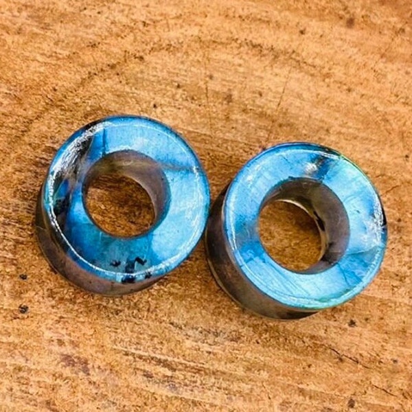 Natural labradorite Tunnels, Blue Fire, Double Flare Tunnels, Handmade Beautiful (Pair). Size - (6g) 4mm to 50mm and Customise yourself.