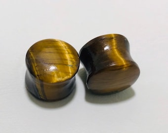 Pair of Real TIGER EYE stone plugs, Double Flare ,Natural Beautiful Handmade (Pair) Size From 3mm to 30mm and Custom(PICK) Size