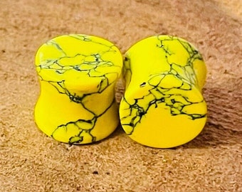 PAIR of Yellow Turquoise Plugs Gauges, Earplugs, Beautiful Handmade Quality Finished Size :- (8g) 3mm to 50mm and More Customise for need.