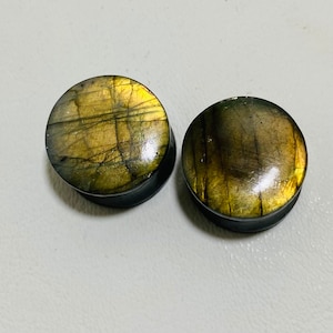 Real Natural Labradorite, Rare Yellow fire Labradorite  Double Flare. -Handmade Beautiful (Pair) Size: 6mm to 50mm and Custum available