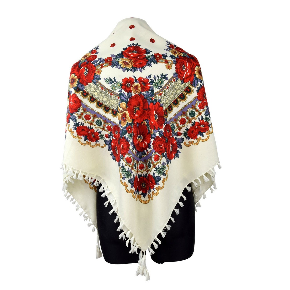 Polish folk scarf floral shawl fringes ethnic boho | Etsy