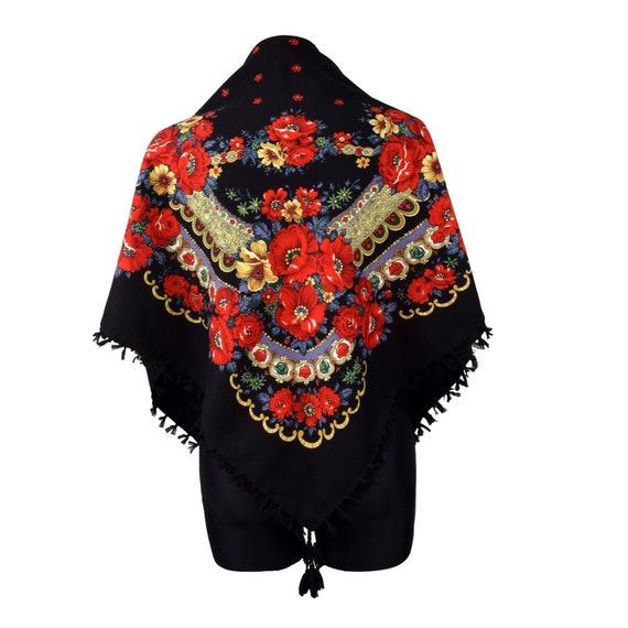 Polish black folk scarf floral shawl fringes ethnic boho | Etsy