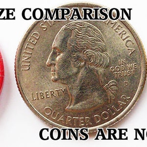 May include: Back of a round button pin with a red border. The pin has a metal back with a safety pin closure. The pin is shown next to a US quarter and a 1 Euro coin for size comparison. The text "COINS ARE NOT INCLUDED ;-)" is printed below the coins.