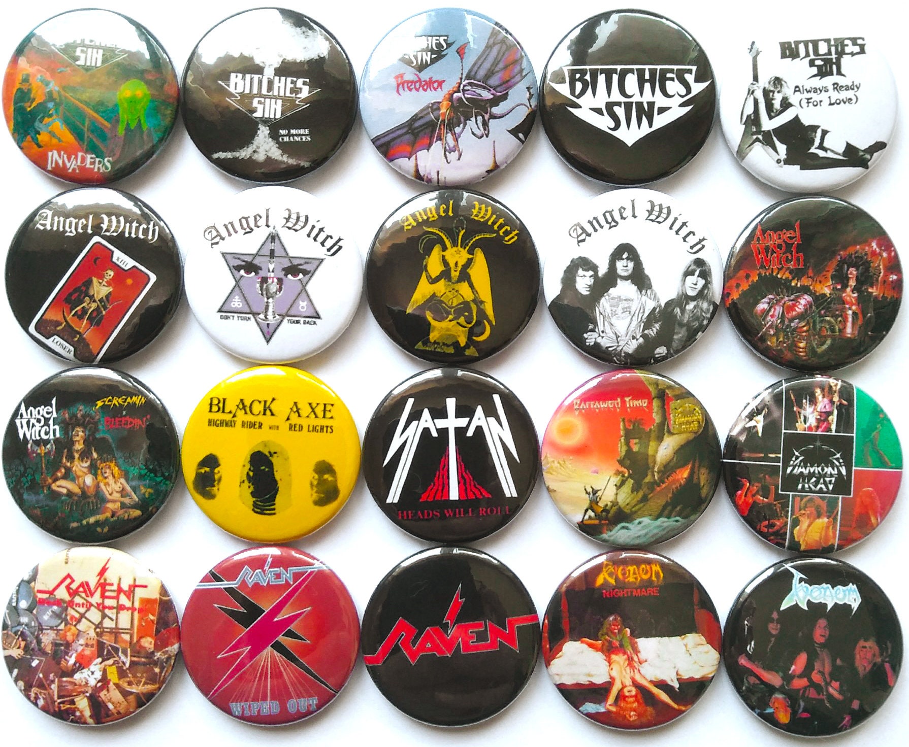 NWOBHM Lot 4 Pin Button Badges Bitches Sin Angel Witch Black Axe Satan Diamond Head Raven Venom New Wave of British Heavy Metal pinbacks