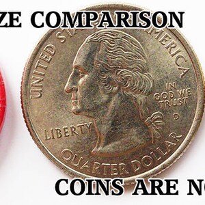 May include: Back of a round button pin with a red border. The pin has a metal back with a safety pin closure. The pin is shown next to a US quarter and a 1 Euro coin for size comparison. The text "COINS ARE NOT INCLUDED ;-)" is printed below the coins.