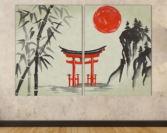 Japanese Canvas Wall Art , Japanese sunset canvas wall art,  Japan sun painting