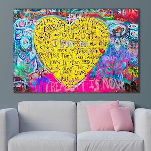 Graffiti on the wall, I Loved You,  Banksy Art, Canvas Print, heart graffiti wall art, love in graphite, Extra Large Wall Art
