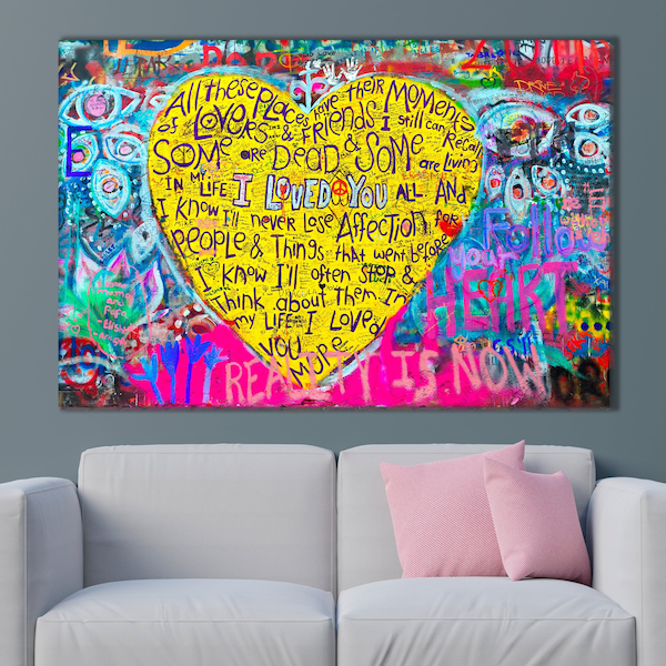 Graffiti en la pared, I Loved You, Banksy Art, Canvas Print, heart graffiti wall art, love in graphite, Extra Large Wall Art
