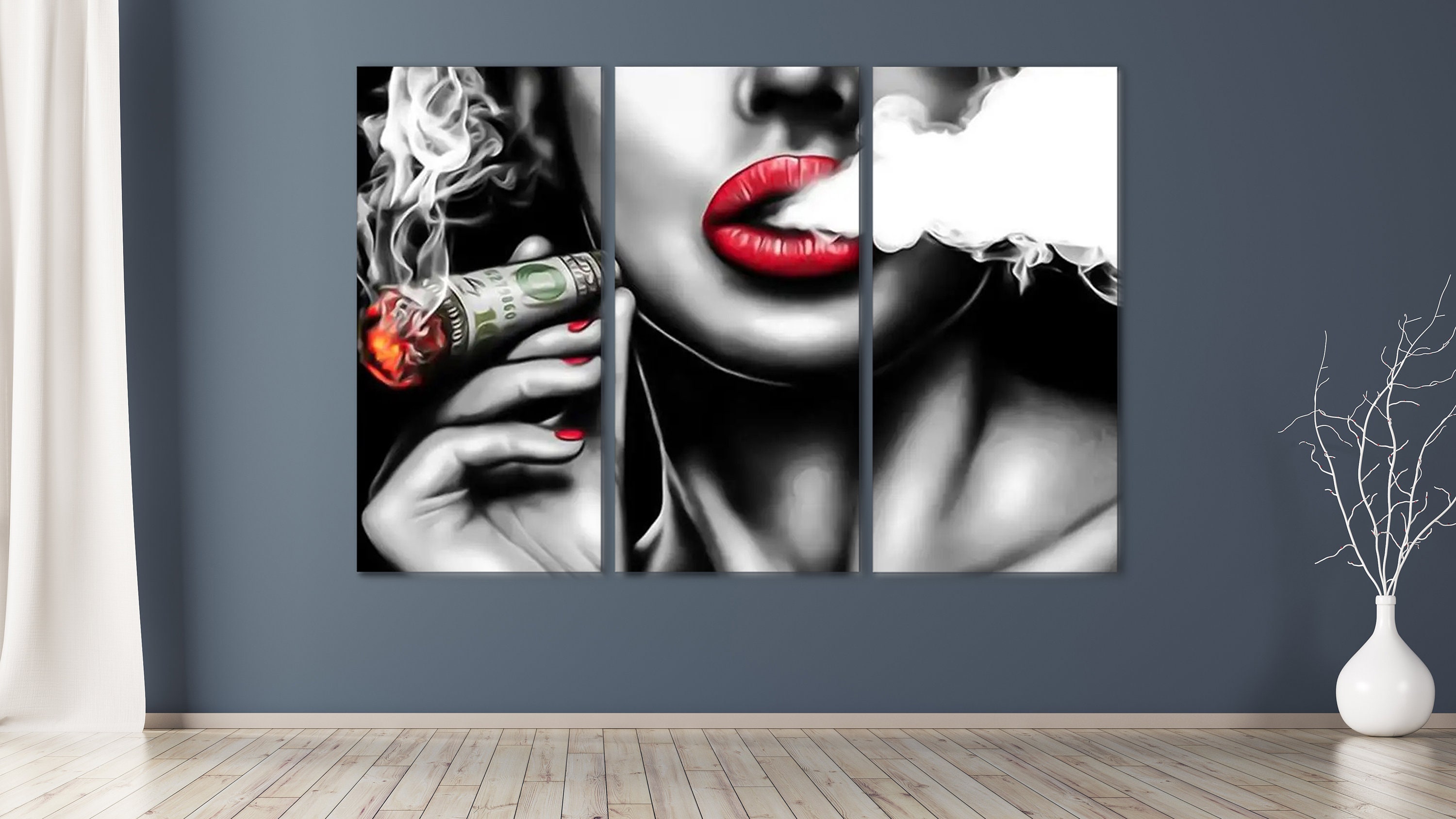 Sexy Woman Red Lips Canvas Wall Art Cigarette Art Smoking Cigarette ...