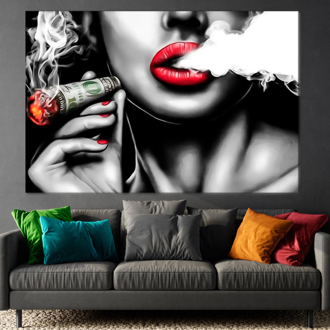 Sexy Woman Red Lips Canvas Wall Art Cigarette Art Smoking Cigarette ...