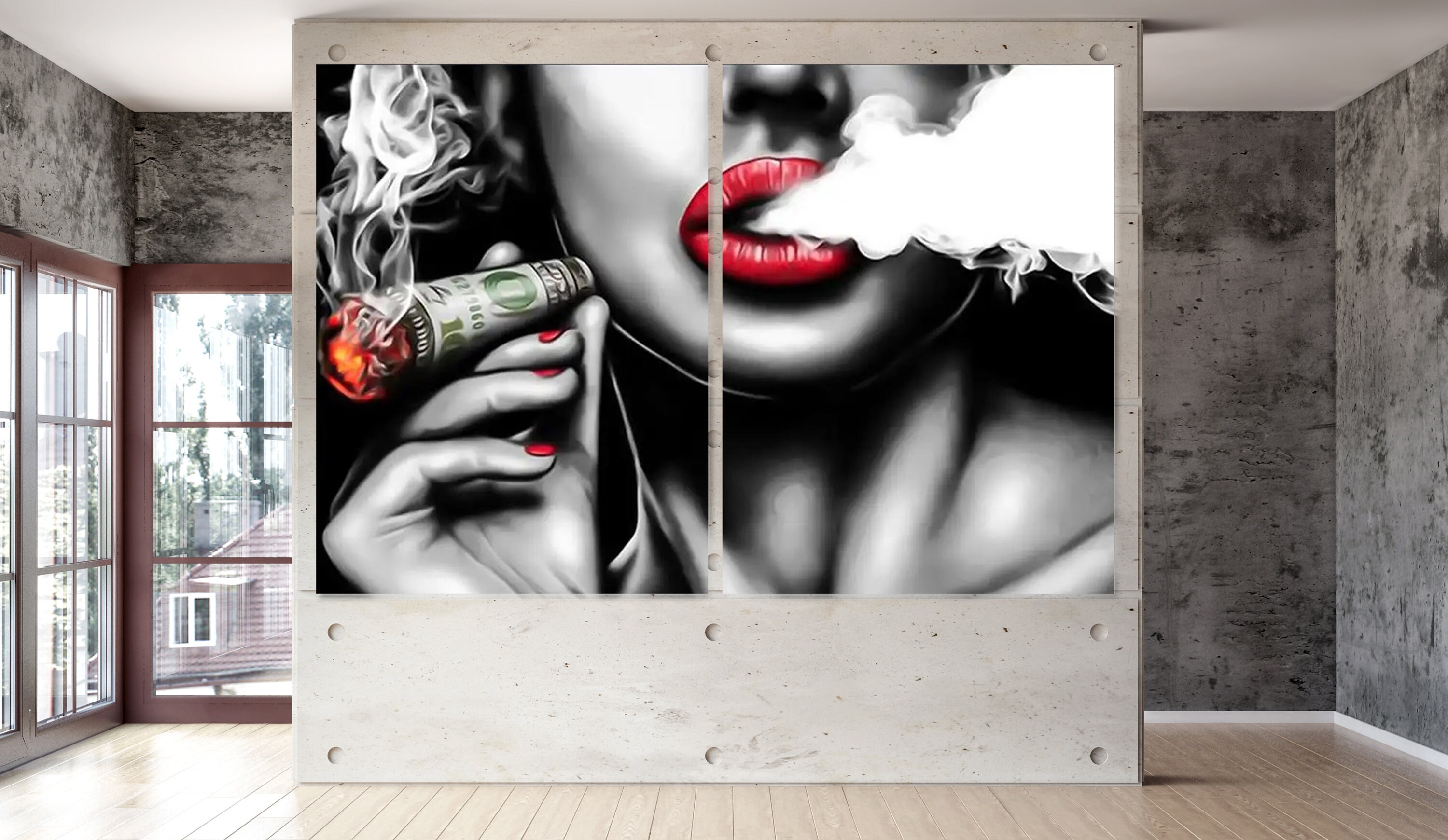 Sexy Woman Red Lips Canvas Wall Art Cigarette Art Smoking Cigarette ...