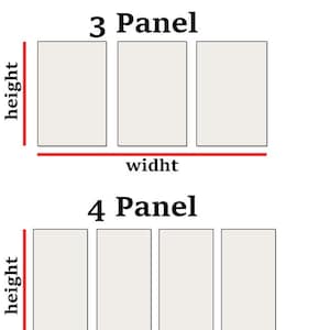 May include: Diagram showing how to size a multi-panel canvas print. The top image shows a 3-panel print with the words "3 Panel" above it. The bottom image shows a 4-panel print with the words "4 Panel" above it. Both images show the words "width" and "height" labeled on the diagram.