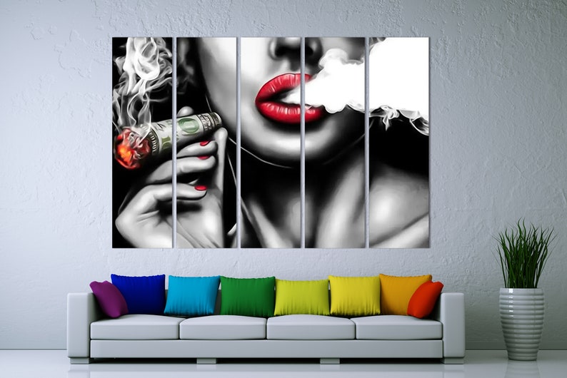 Sexy Woman Red Lips Canvas Wall Art Cigarette Art Smoking Cigarette ...