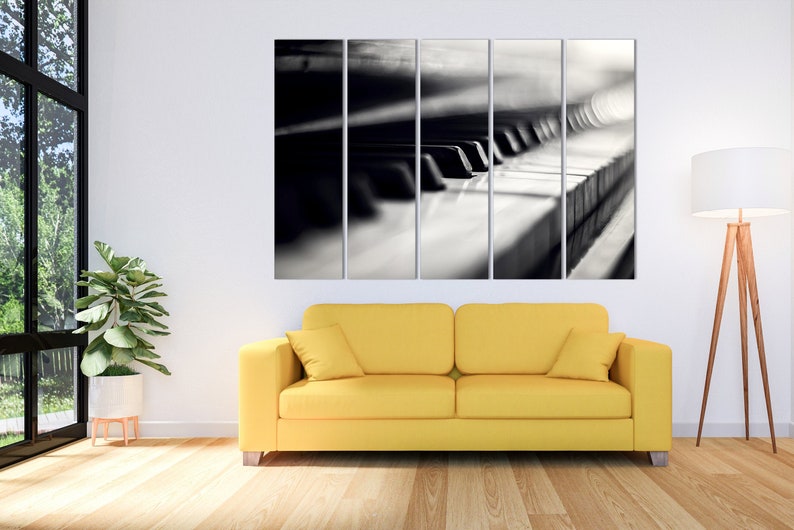 May include: A black and white close-up of a piano keyboard with the keys blurred in the background. The image is split into five panels.