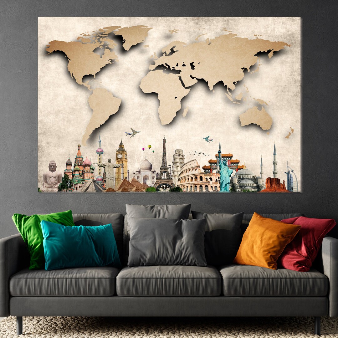 World Map Canvas Wall Art | Push Pin Canvas Print | World Map Wall Art ...