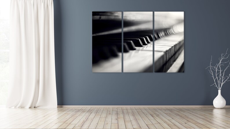 May include: A black and white photo of a piano keyboard, split into three panels. The photo is blurry and the keys are out of focus.