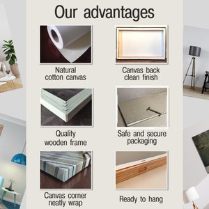 May include: Our advantages: Natural cotton canvas, canvas back clean finish, quality wooden frame, safe and secure packaging, canvas corner neatly wrapped, ready to hang.