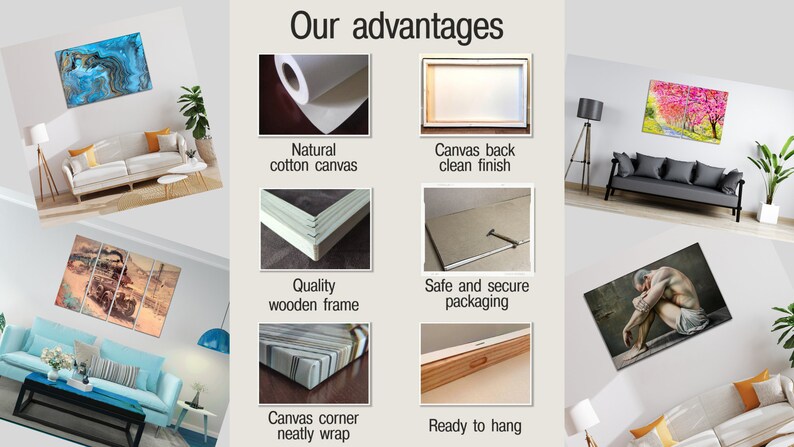 May include: Our advantages: Natural cotton canvas, canvas back clean finish, quality wooden frame, safe and secure packaging, canvas corner neatly wrapped, ready to hang.
